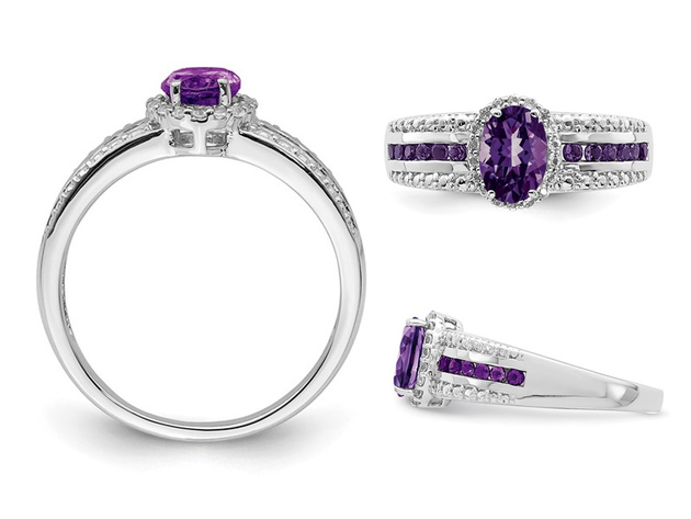 3/4 Carat (ctw) Natural Amethyst Ring with Synthetic White Topaz 1/4 Carat (ctw) in Sterling Silver - 7