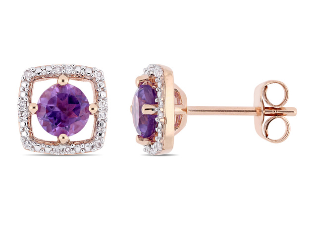 4/5 Carat (ctw) Natural Amethyst Halo Earrings in 10K Rose Pink Gold with Diamonds