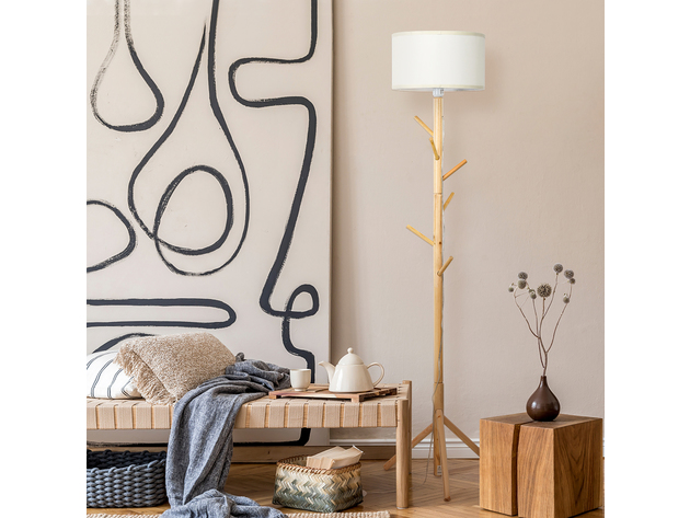 Costway Modern Wood Tripod Standing Floor Lamp Coat Rack for Living Room Bedroom - Wood Color