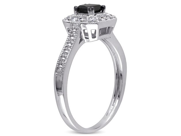 Enhanced Black and White Halo Princess Cut Diamond Engagement Ring 1/2 Carat (ctw) in 10K White Gold - 9.5