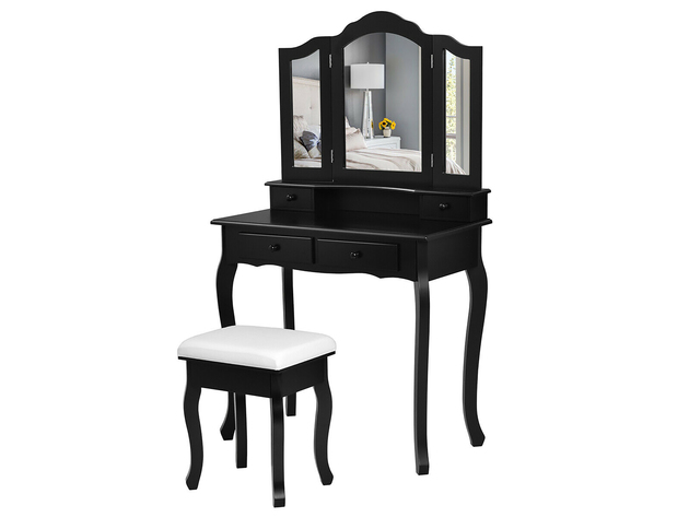 Costway Vanity Makeup Dressing Table Set W/Stool 4 Drawer&Mirror Jewelry Wood Desk Black