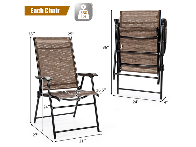 Costway 2 Piece Outdoor Patio Folding Chair Camping Portable Lawn Garden W/Armrest - Brown