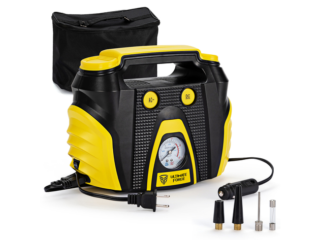 Portable Air Compressor Tire Inflator AC/DC Electric Pump w/ 3 Nozzle Adaptors - Black/Yellow