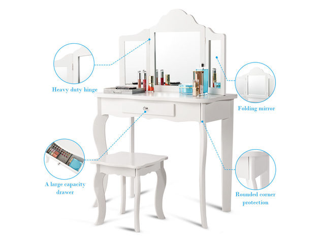 Costway Vanity Table Set Makeup Dressing Table Stool Mirror - White