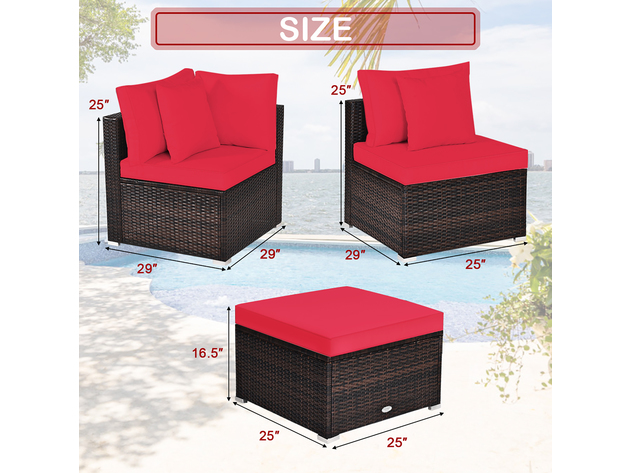 Costway 4 Piece Patio Rattan Wicker Furniture Set Cushioned Sofa Ottoman Garden - Red