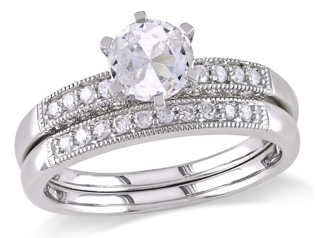 Created White Sapphire 1.0 Carat (ctw) with Diamond 1/3 Carat (ctw) Bridal Wedding Set Engagement Ring 10K White Gold - 5