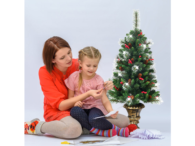 4 Foot Snowy Christmas Entrance Tree w/ Pine Cones Red Berries & Glitter Branches