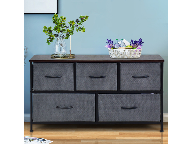 Costway 5 Drawer Dresser Storage Unit Side Table Display Organizer Dorm Room Fabric Grey - Dark Coffee