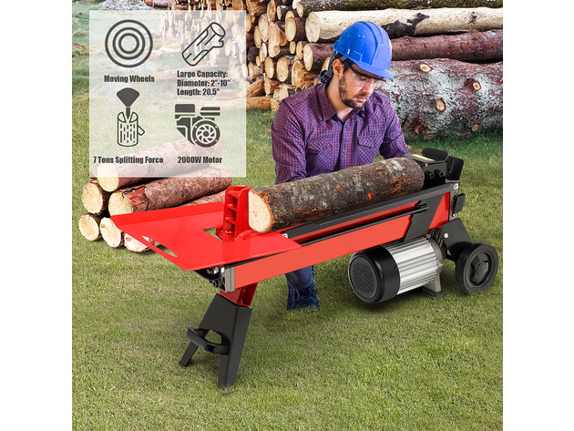 Costway 7-Ton Horizontal Electric Log Splitter Wood Cutter 2000W Motor w/ Wheels - Red