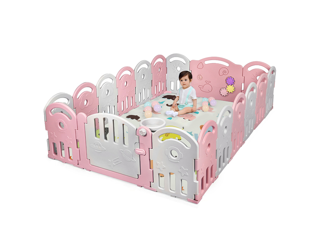 18-Panel Baby Playpen Kids Activity Center Playard w/Music Box & Basketball Hoop - Pink, Gray