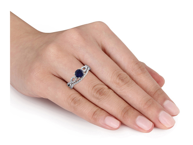 Created Blue Sapphire 1.0 Carat (ctw) Engagement Ring and Bridal Wedding Set with Diamond, 10K White Gold - 10