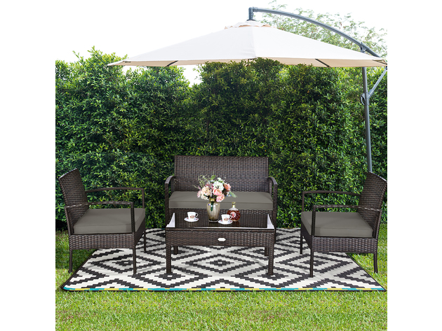 Costway 4 Piece Patio Rattan Wicker Furniture Set Brown Loveseat Sofa Cushioned Garden Yard
