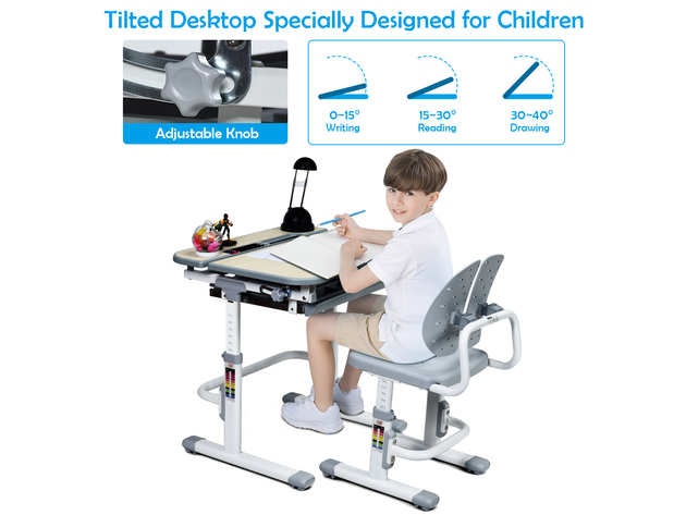 Costway Children Desk Chair Set Adjustable Study Table Drawer - Gray