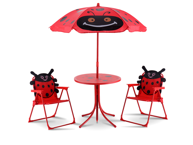 Costway Kids Patio Set Table And 2 Folding Chairs w/ Umbrella Beetle Outdoor Garden Yard Red