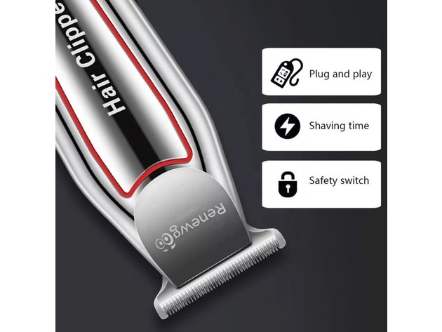 Renewgoo Professional Cordless Hair Trimmer Electric Clipper, Stainless Steel T Blade Ergonomic Design, Rechargeable, Silver