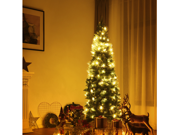 Costway 7.5ft Snow Flocked Pencil Christmas Tree Hinged Pine Cones - Green, White