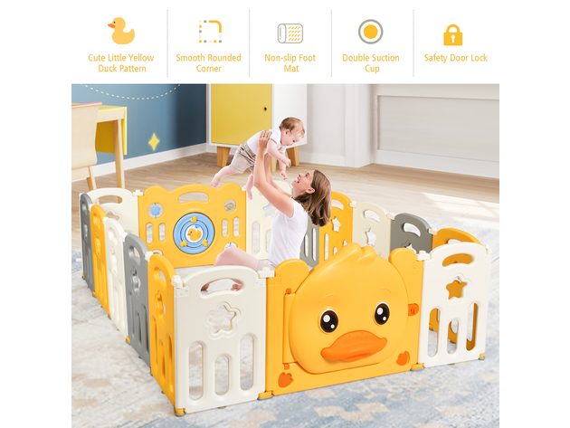 Costway 16-Panel Foldable Baby Playpen Kids Yellow Duck Yard Activity Center w/  Sound - Yellow + White