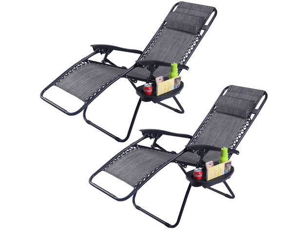 Costway 2 Piece Folding Zero Gravity Reclining Lounge Chairs Beach Patio W/Utility Tray Gray