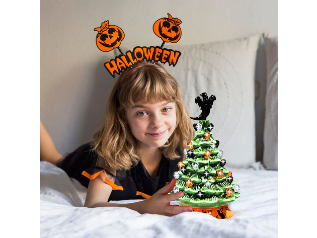 Costway 11.5'' Pre-Lit Ceramic Hand-Painted Tabletop Halloween Tree Battery Powered Green - Green