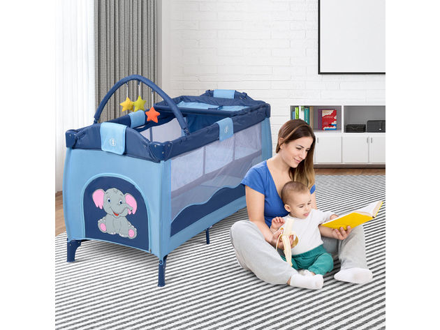 Blue Baby Crib Playpen Playard Pack Travel Infant Bassinet Bed Foldable - Blue