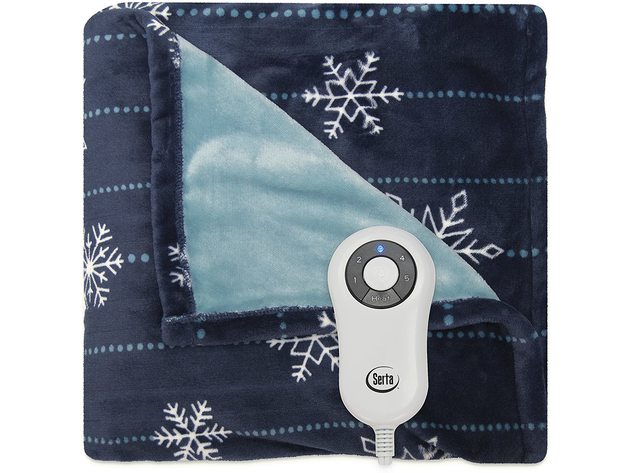 Serta Silky Plush Electric Heated Warming Throw Blanket - Snowflake Navy Blue