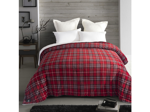 Spyder Sherpa Lined Flannel Ultra Plush Bed Blanket Interwoven Strength - King 90"x102" Red+Black