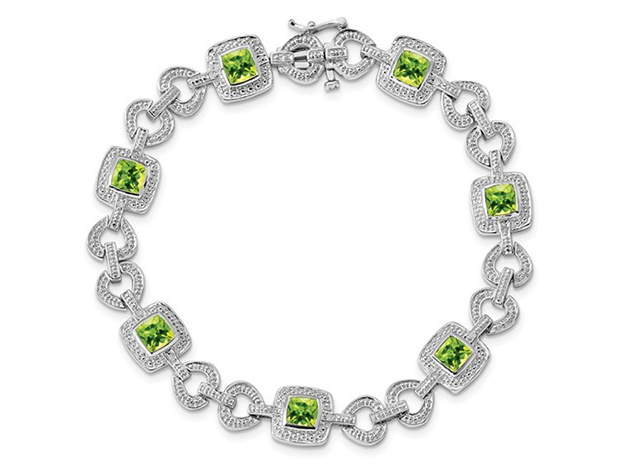 3.95 Carat (ctw) Natural Peridot Bracelet in Sterling Silver with Diamonds