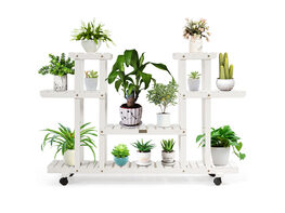 Costway 4-Tier Rolling Flower Rack Wood Plant Stand Casters 12 Pots Bonsai Display Shelf - White