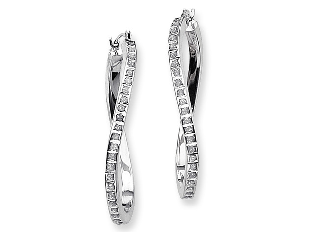 Accent Diamond Oval Hoop Twist Earrings in 14K White Gold