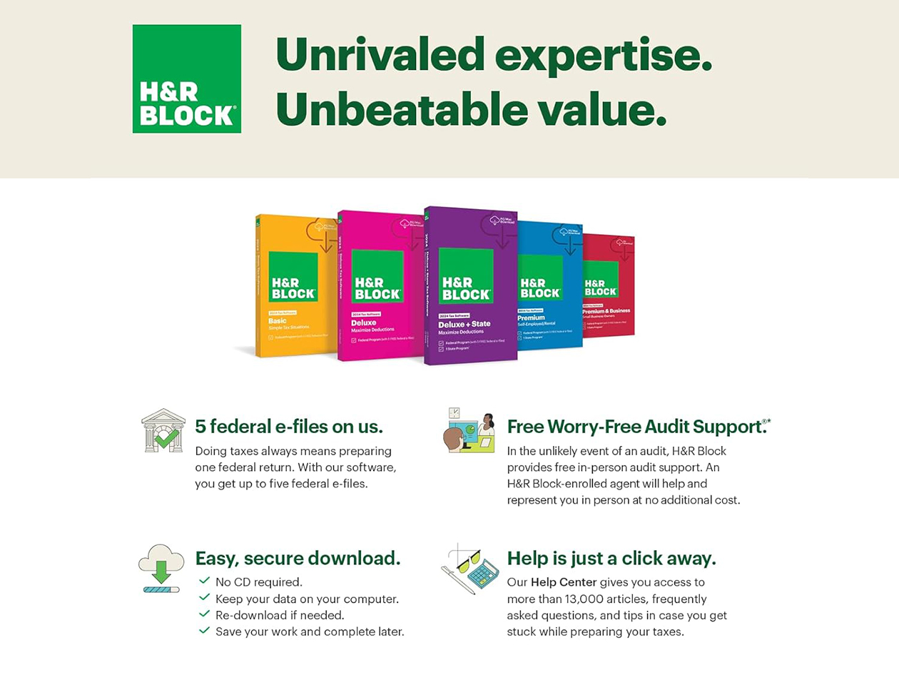 H&R Block Tax Software Deluxe + State 2024 for Windows/Mac [Online Code]