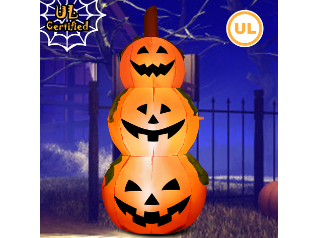 Costway 5 Ft  Halloween Inflatable 3-Pumpkin Stack Blow Up Pumpkin Ghost Yard Decoration 