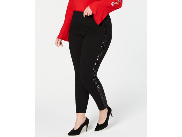 INC Internatinal Concepts Women's Sequin-Varsity-Stripe Ponte-Knit Pants Black Size 18W