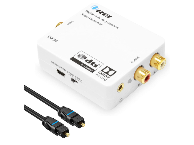 Digital to Analog Audio Decoder by OREI, Convert Decode Dolby Digital Audio SPDIF/Coaxial 5.1-Channel Input to RCA L/R/3.5mm Headphone Output Converter - DA34