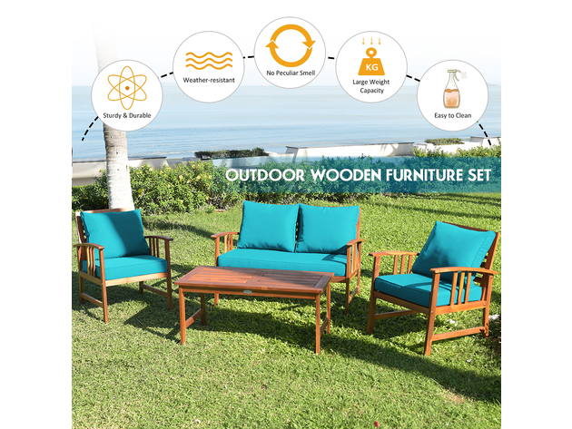 Costway 4 Piece Wooden Patio Furniture Set Table Sofa Chair Cushioned Garden - Teak/Turquoise