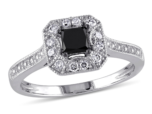 Enhanced Black and White Halo Princess Cut Diamond Engagement Ring 1/2 Carat (ctw) in 10K White Gold - 9.5