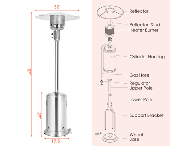 Costway 48000 BTU Stainless Steel Propane Patio Standing LP Gas Heater W/ Wheels