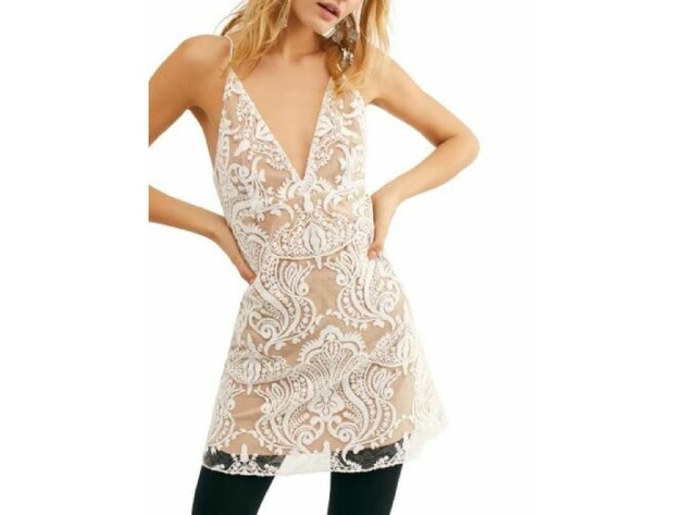 Free People Women's  Night Shimmer Mini Dress Ivory Natural Size 10