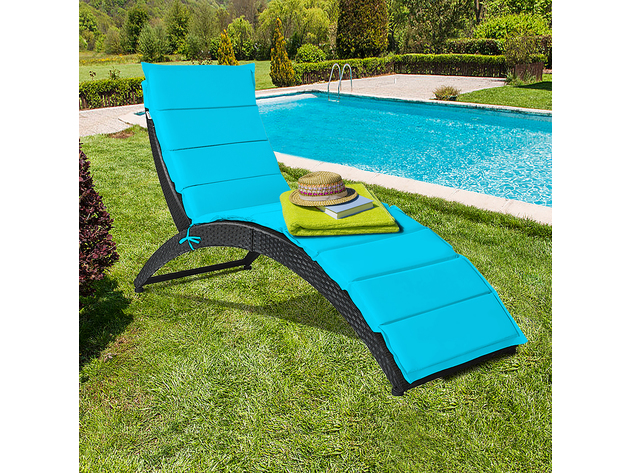 Costway 2 Piece Folding Patio Rattan Lounge Chair Chaise Cushioned Portable Lawn Turquoise