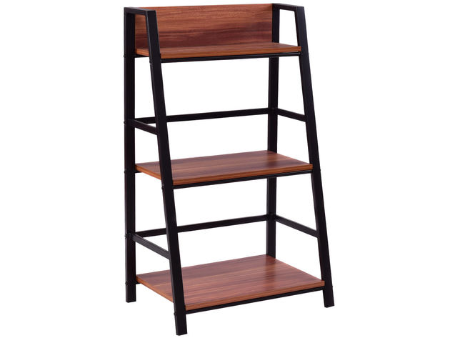Costway 3 Tier Ladder Storage Book Shelf Wall Bookcase Bundle Modern Floor Decor - Walnut