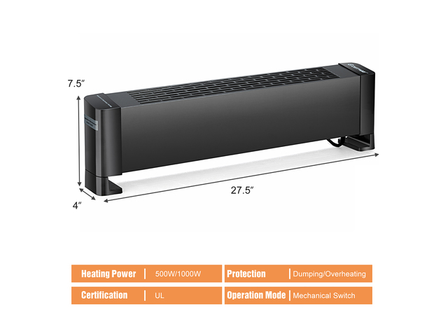 Costway 1000W Baseboard Hardwire Portable Heater Silent Operation Fast Heating for Home - Black