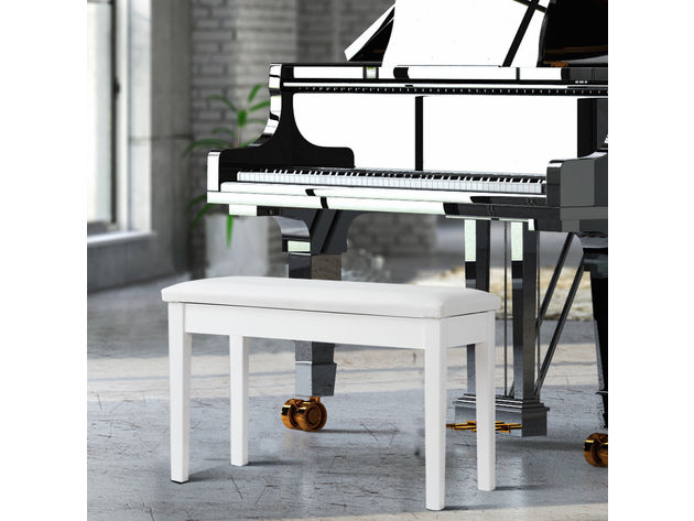Costway Solid Wood PU Leather Piano Bench Padded Double Duet Keyboard Seat Storage White - White