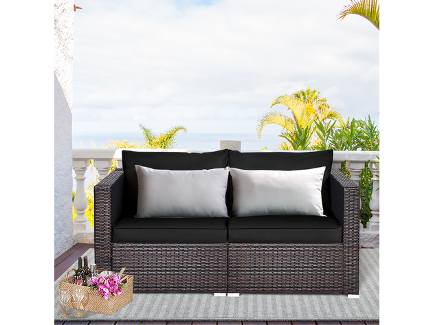 Costway 2 Piece Patio Rattan Corner Sofa Sectional Furniture Set Black Cushion - Black