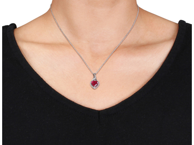 2.80 Carat (ctw) Lab-Created Ruby Heart Pendant Necklace with Diamonds in Sterling Silver with chain