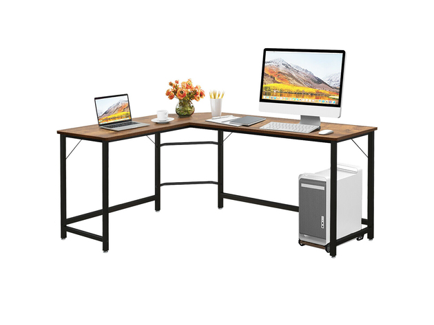 Costway L-Shaped Computer Desk Corner Workstation Study Gaming Table Home Office - Brown