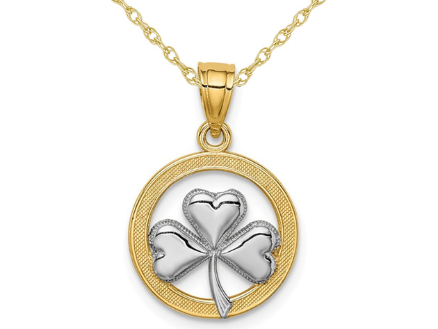 Celtic Clover Leaf Pendant Necklace in 14K Yellow and White Gold with Chain