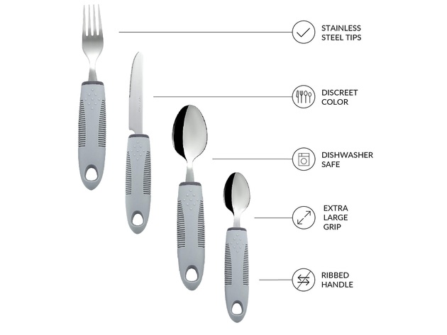 Homvare Adaptive Utensils Set of 4 Wide, Non-Weighted, Non-Slip Handles for Hand Tremors - Grey