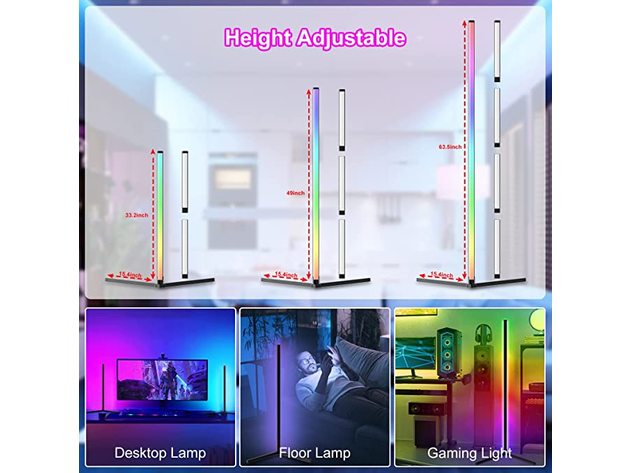 LED Corner Floor Lamp for Living Room, Adjustable RGB Color Changing Lamp with Remote and App Control