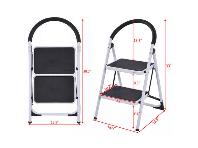 Costway 2 Step Ladder Folding Stool Heavy Duty 330Lbs Capacity Industrial Lightweight - Black & White