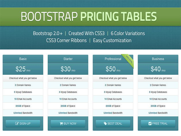 Twitter Bootstrap Pricing Tables (old)