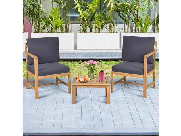 Costway 3 in 1  Patio Table Chairs Set Solid Wood Garden Furniture - Natural Teak